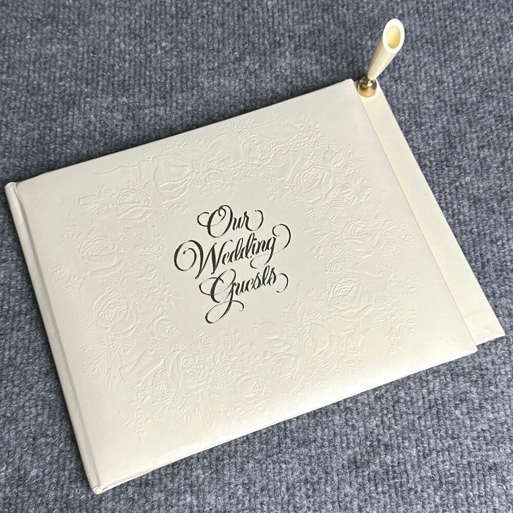 Vintage Hallmark wedding guest book pen holder gold script cream white NOS